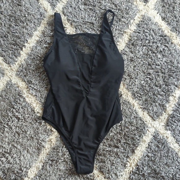 SHEIN Other - Shein Black Sheer Deep Vneck Chest One Piece Swimsuit Size Women's L